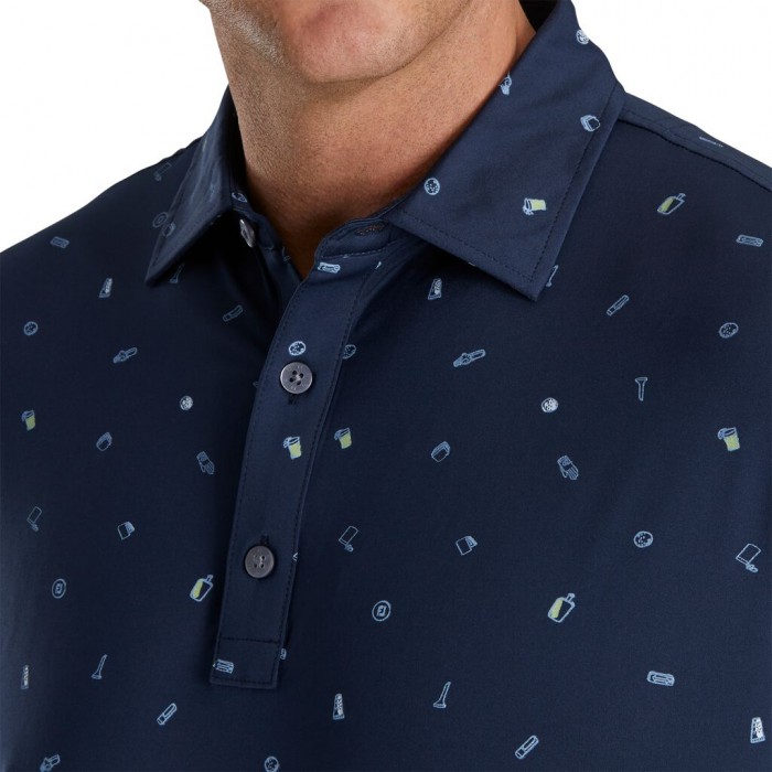 Footjoy Golf Doodle Print Lisle Self Collar Skjorte Herre Marineblå | NO-72VZFI