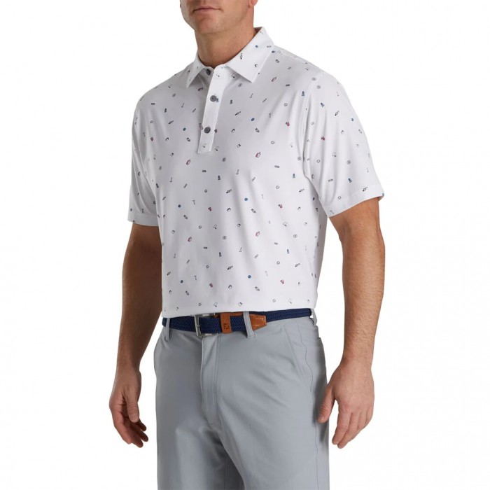 Footjoy Golf Doodle Print Lisle Self Collar Skjorte Herre Hvite | NO-91LWIP