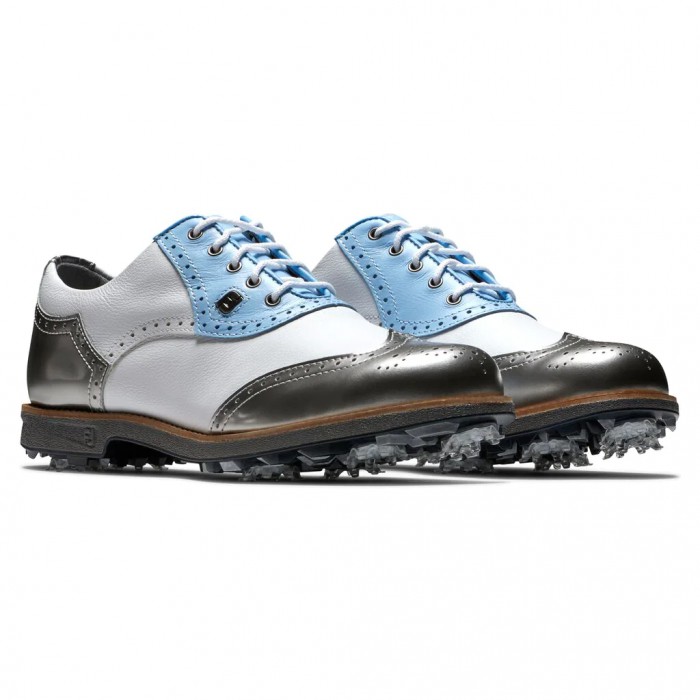 Footjoy Premiere Series - Shield Tip Spikes Golfsko Dame Hvite Lyse Blå Sølv | NO-31UFAR