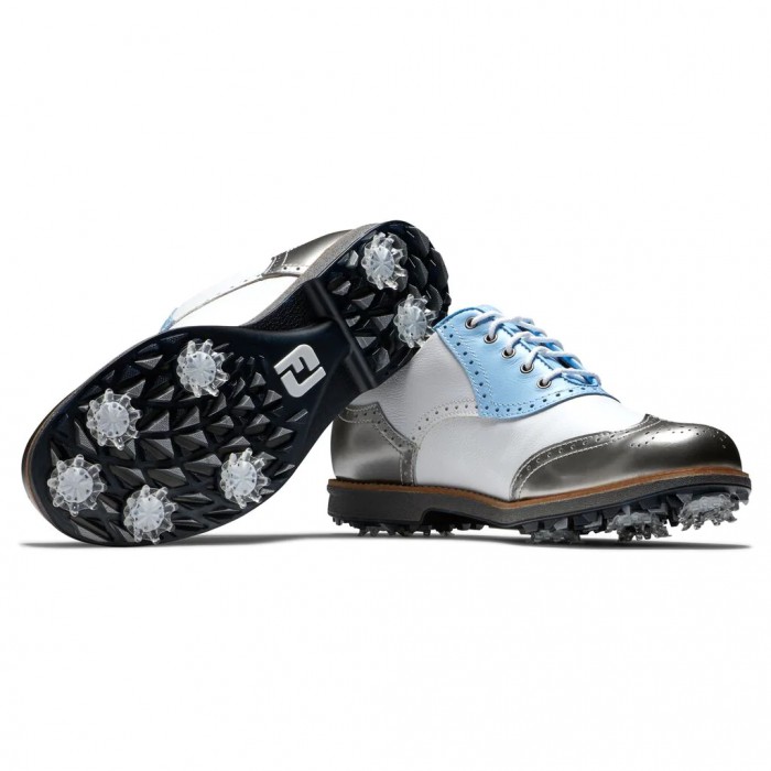 Footjoy Premiere Series - Shield Tip Spikes Golfsko Dame Hvite Lyse Blå Sølv | NO-31UFAR